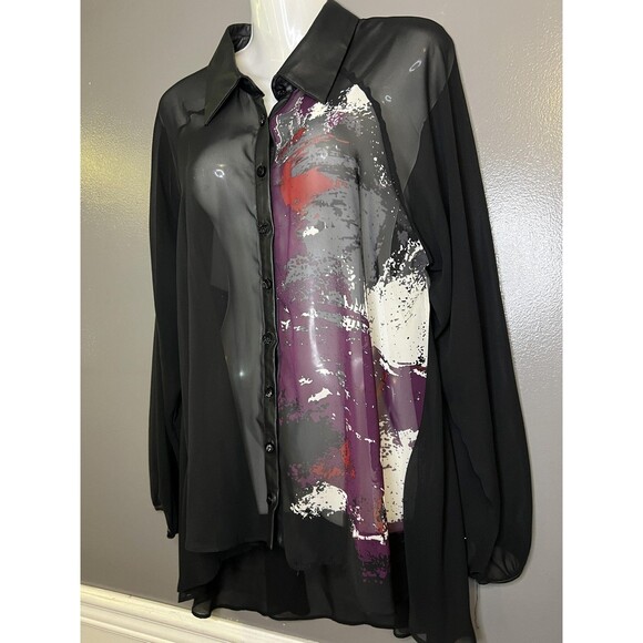 Bisou Bisou Blouse Womens Large Black Sheer Abstract Print Faux Leather Tunic - Picture 4 of 10